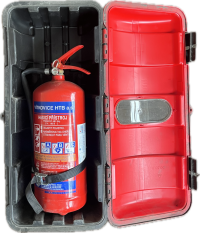 PLASTIC BOX FOR FIRE EXTINGUISHER WITH HOLDER AND FIRE EXTINGUISHER, FIRE EXTINGUISHER HOLDER